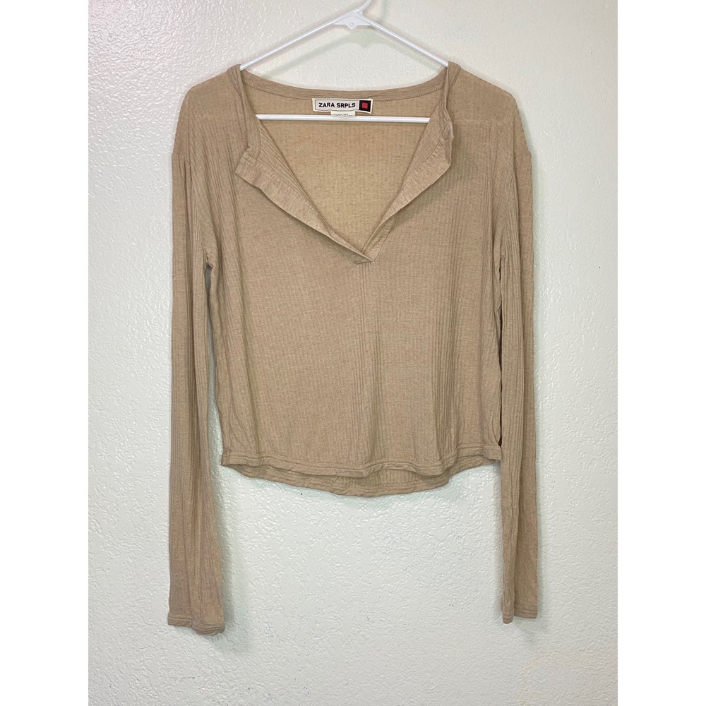 Zara SRPLS Tan Ribbed Wool Blend Split Neck Long Sleeve Top Medium Neutral Basic